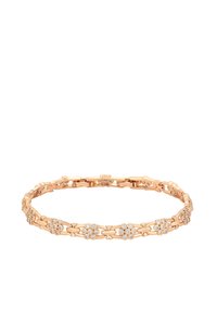 Bracciale in oro rosa con design floreali e gemme trasparenti. Motivo a catena collegata con texture liscia e chiusura sicura.