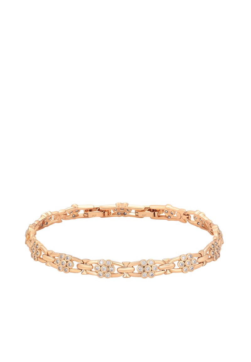 Bracciale in oro rosa con design floreali e gemme trasparenti. Motivo a catena collegata con texture liscia e chiusura sicura.