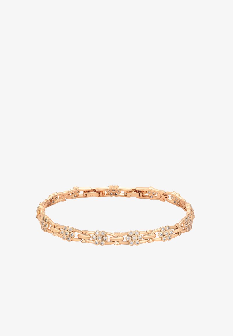 Bracciale in oro rosa con design floreali e gemme trasparenti. Motivo a catena collegata con texture liscia e chiusura sicura.