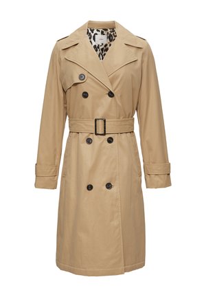 Beige Trenchcoat mit doppelreihigen Knöpfen, breiten Revers, Gürtel in der Taille und Futter im Leopardenmuster. Verfügt über lange Ärmel und Klappentaschen.