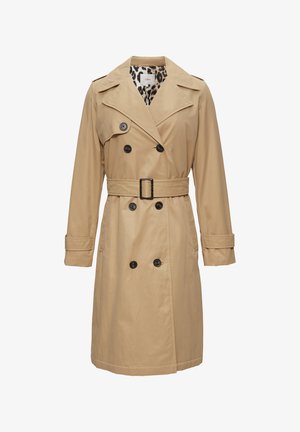Beige Trenchcoat mit doppelreihigen Knöpfen, breiten Revers, Gürtel in der Taille und Futter im Leopardenmuster. Verfügt über lange Ärmel und Klappentaschen.