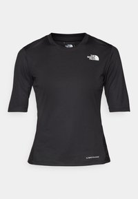 Svart kortärmad träningsskjorta av texturerat material, med rund hals och The North Face-logotyp i vitt på vänster bröst.