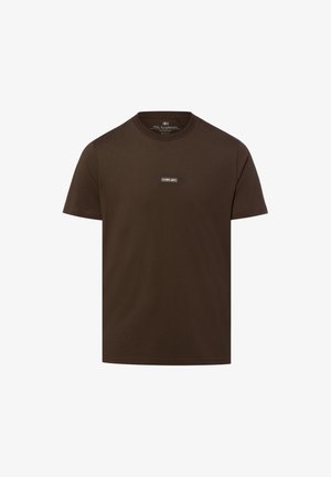 Brązowy bawełniany T-shirt z krótkim rękawem, okrągłym dekoltem i małym białym prostokątnym logo z napisem „Secure Above” na środku piersi.