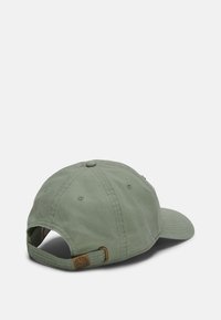 Gorra de algodón en verde pálido con visera curvada, correa ajustable en la parte posterior y un acento de logo marrón. Textura suave y diseño casual.