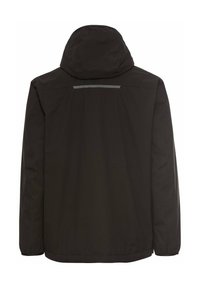 Veste noire imperméable avec capuche, dotée d'une bande réfléchissante sur le haut du dos et d'une texture côtelée sur le tissu. Manches longues, ourlet droit.