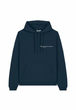Haut à capuche bleu marine en coton avec une poche frontale, un cordon de serrage pour la capuche et une broderie blanche "bonheur" sur la poitrine.