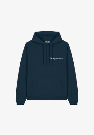 Marineblauwe hoodie van katoen met een voorzak, een capuchon met trekkoord en witte borduursel van "geluk" op de borst.