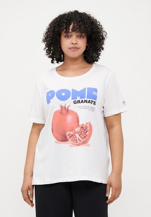 White cotton t-shirt featuring a large graphic of a pomegranate and the word "POME GRANATE" in blue. Short sleeves with a relaxed fit.