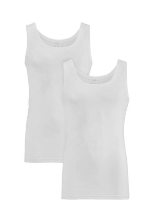 Zwei schlichte weiße ärmellose Tanktops mit breiten Schulterträgern, dargestellt auf weißem Hintergrund.