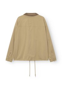 Beige Jacke mit einem braunen Cordkragen, langen Ärmeln, elastischen Säumen und Kordelzug in der Taille. Glatte Stoffqualität mit lockerer Passform.