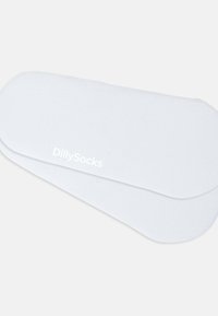 White low-cut socks made from a smooth fabric with a plain design. Features the brand name, "DillySocks," printed in a subtle font.