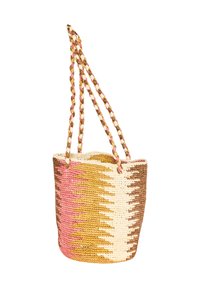 Torba tote w wydaniu plecionym o gradientowym wzorze w kolorach różowym, beżowym i brązowym. Posiada plecione uchwyty oraz otwartą górę, co zapewnia łatwy dostęp.