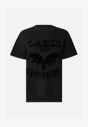 Tricou din bumbac negru, cu un imprimeu grafic lucios de culoare neagră, având textul "ZADIG 1997 & VOLTAIRE" și un design asemănător unei lilieci. Mâneci scurte.