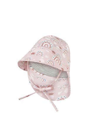Rosa Baby-Sonnenhut mit Regenbogen- und Wolkenmuster, Kinnriemen und klappbarem Rand.