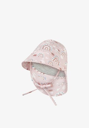 Rosa Baby-Sonnenhut mit Regenbogen- und Wolkenmuster, Kinnriemen und klappbarem Rand.