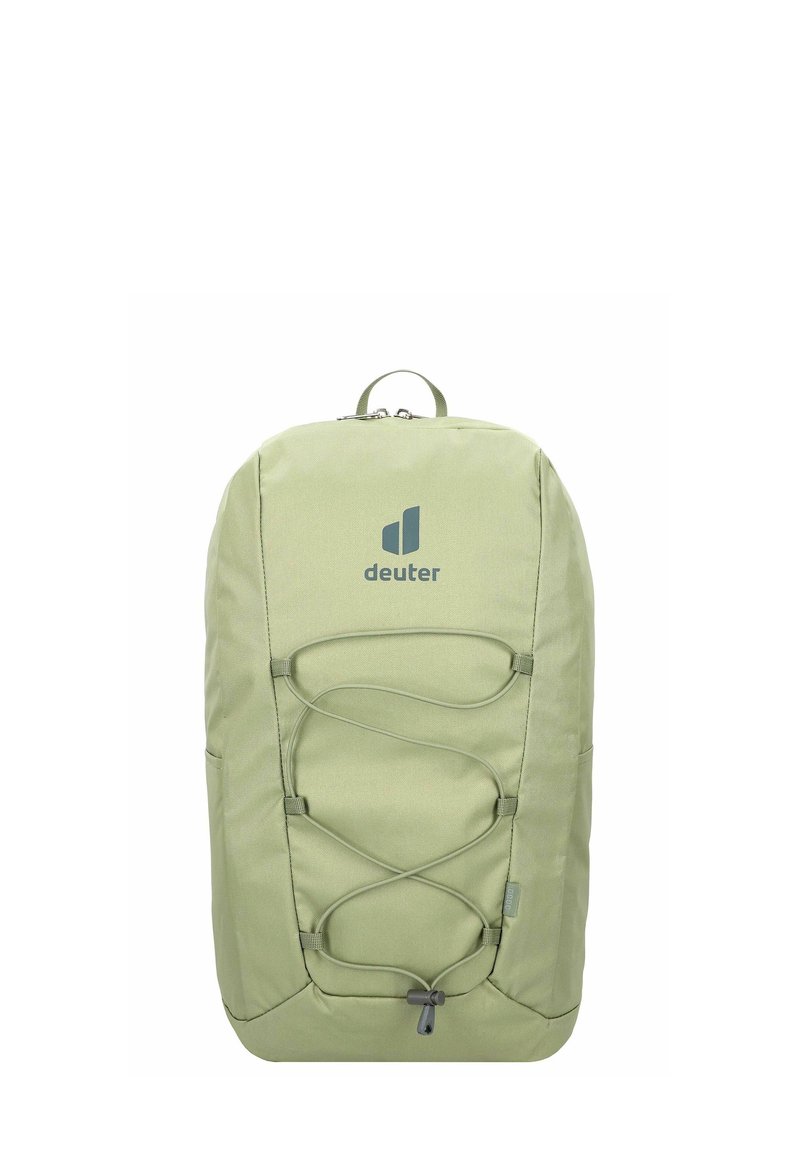 Zaino in tessuto verde chiaro con una texture liscia, caratterizzato da un design con corda elastica sul davanti, maniglia superiore e il logo "deuter" sul davanti.