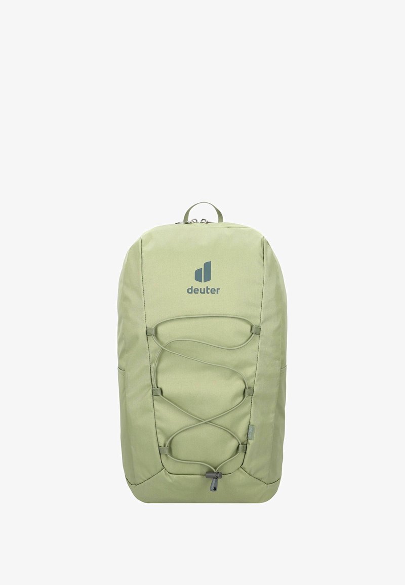 Zaino in tessuto verde chiaro con una texture liscia, caratterizzato da un design con corda elastica sul davanti, maniglia superiore e il logo "deuter" sul davanti.