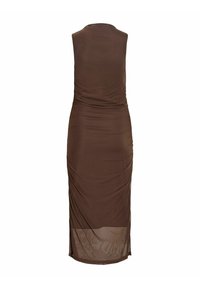 Robe midi marron moulante sans manches avec un détail de tissu froncé et un panneau transparent près de l’ourlet, vue de dos.