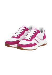 Rosa Wildleder- und weiße Mesh-Sneaker mit Gummisohlen, die eine runde Zehenpartie und ein Schnürdesign aufweisen. Mit Stichdetails akzentuiert.