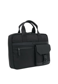 Schwarze Aktentasche aus strapazierfähigem Stoff mit zwei Griffen, einer Klappentasche vorne, Reißverschlussverschlüssen und einer glatten Oberfläche. Verfügt über minimale Metallbeschläge.