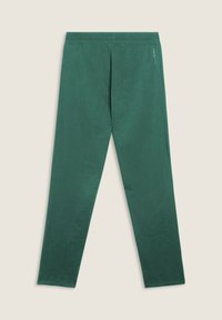 Pantaloni di felpa verdi con vita elastica, dal tessuto liscio, caratterizzati da un design a gamba dritta e senza motivi visibili o dettagli in metallo.