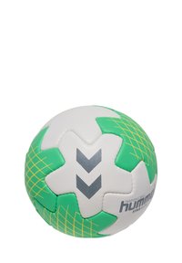 Palla da allenamento con superficie bianca, accenti verdi e motivi a griglia gialla. Presenta una finitura testurizzata e un design distintivo a chevron.