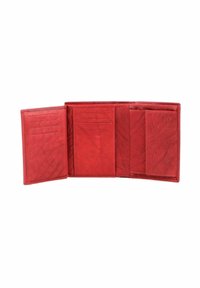 Red leather wallet with three compartments. Includes card slots, smooth texture, and a fold-over design. Interior showcases embossed pattern.