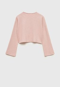 Light pink cropped sweater with long bell sleeves, rounded neckline, textured fabric, and a smooth finish.