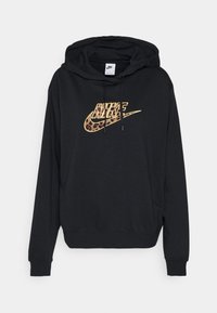 Sudadera negra de mezcla de algodón con capucha ajustable. Presenta un logo de Nike en dorado y estampado de leopardo en el frente. Mangas largas y puños acanalados.