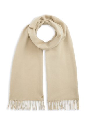 Écharpe beige douce avec des extrémités à franges, joliment bouclée en haut, présentée sur fond blanc.