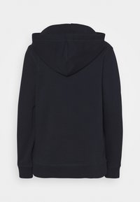 Sweat à capuche noir à manches longues avec capuche, poignets et ourlet côtelés, vu de dos sur un fond blanc uni.
