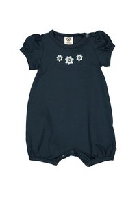 Navy blue cotton romper with puffed short sleeves, featuring embroidered white flowers on the chest and snap closures at the bottom.
