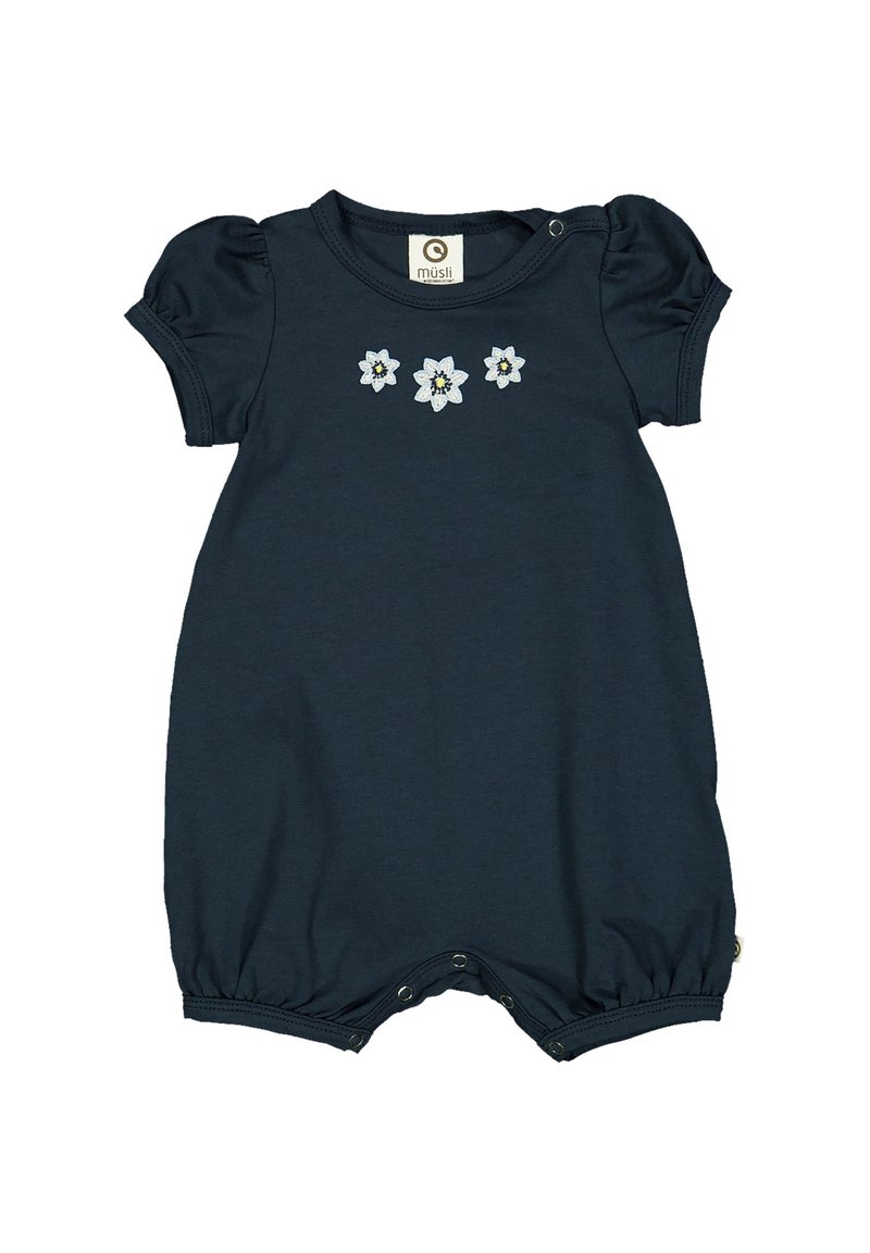 Navy blue cotton romper with puffed short sleeves, featuring embroidered white flowers on the chest and snap closures at the bottom.