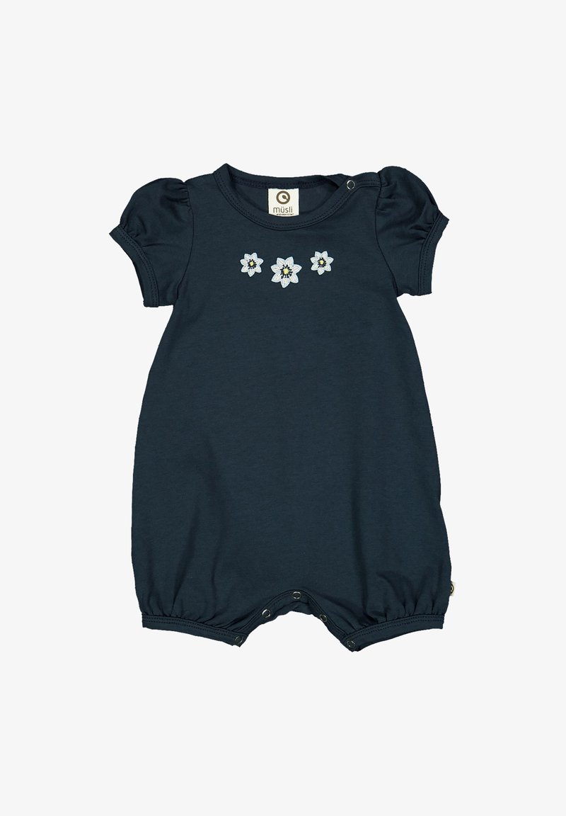 Navy blue cotton romper with puffed short sleeves, featuring embroidered white flowers on the chest and snap closures at the bottom.