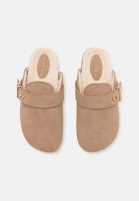 Beige suede slip-on clogs med myk kremfleece-fôr, med en dekorativ stropp med gulldetaljer og rund tådesign.