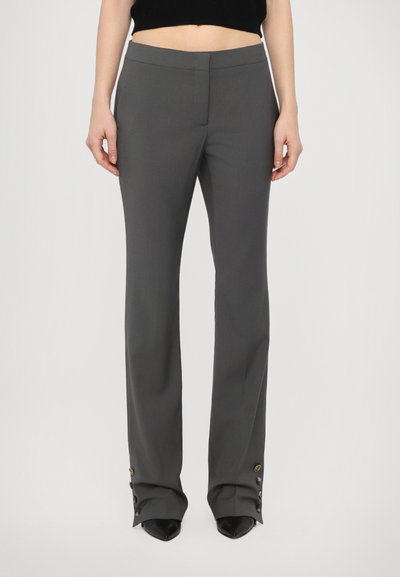 Gray tailored trousers with a straight-leg design. Features a smooth texture, front crease, and gold-button accents at the hem.