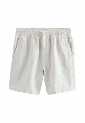 Lyse beige afslappede shorts med elastisk talje og snøre, med sidelommer og subtil lodret stribet tekstur.