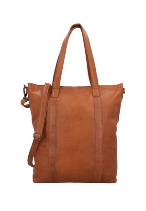 Brun lædertaske med to skulderstropper og en justerbar tværrem, rektangulær form, glat tekstur.