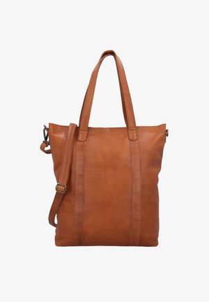 Bruine leren tas met twee schouderbanden en een verstelbare schouderriem, rechthoekige vorm, gladde textuur.