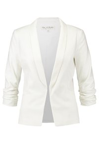 Witte blazer met een getailleerde pasvorm, met ingesneden revers en opgerolde mouwen. Gladde stof zonder zichtbare sluitingen en een minimalistisch ontwerp.