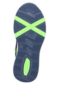 Gummisohle des Schuhs in Dunkelblau mit grünen Akzenten. Verfügt über strukturierte Griffmuster und ein auffälliges "FLEX ZONE"-Label über die Mitte.