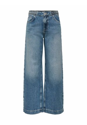 Jean en denim bleu taille haute à jambes larges avec bouton avant, fermeture éclair, détail de taille tressée et deux poches avant.