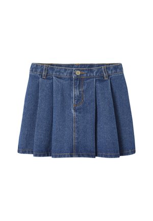Dunkelblauer Jeans-Rock mit Falten, ausgestattet mit einem figurbetonten Bund, einer Vordertasche und dezenten Stickdetails.
