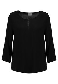 Blusa negra de manga larga con escote redondeado y detalle de ojal. Confeccionada en tela ligera, tiene un corte relajado y dobladillo recto.