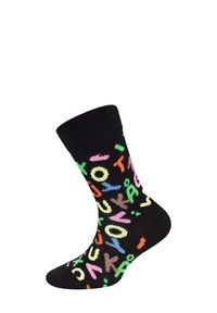 Černé ponožky s barevným, hravým vzorem písmen v různých jasných odstínech. Design je odvážný a hravý, ideální pro volnočasové nošení.