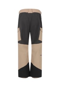 Vattentåliga cargobyxor i beige och mörkgrå, med sidofickor, lös passform och kontrasterande färgblockdesign, lämpliga för utomhusbruk.