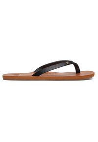 Tongs en cuir noir avec une sangle texturée, un accent rond doré et une semelle en caoutchouc marron. Vue de côté mettant en avant un design simple.