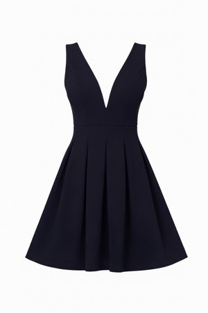 Sleeveless black dress with deep V-neckline and pleated A-line skirt, fitted at the waist, against a white background.