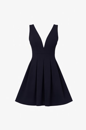 Černé šaty bez rukávů s hlubokým výstřihem do V a plisovanou sukni ve tvaru A, přiléhající v pase, na bílém pozadí.