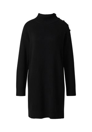 Crna pletena haljina-sveta s visokim ovratnikom, dugim rukavima i rebrastim manžetama. Značajan detalj dugmeta na jednom ramenu. Mekana tekstura.